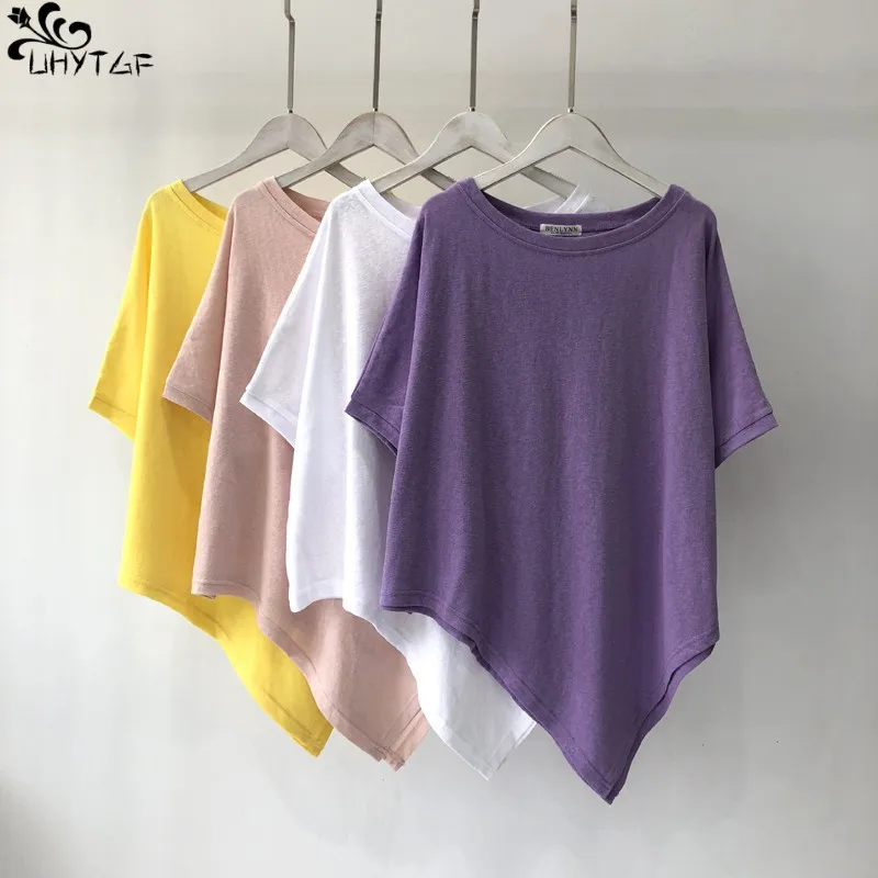 

UHYTGF Cotton T-shirt Women Clothing Summer Short Sleeve Solid Color Irregular Hem Female Loose Crew Neck Pullover Ladies Top