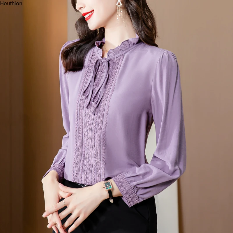 

Autumn New Women's Blouses Polo Long Sleeve Top Stitching Solid Color Ruffle Satin Casual Fashion Lady Loose