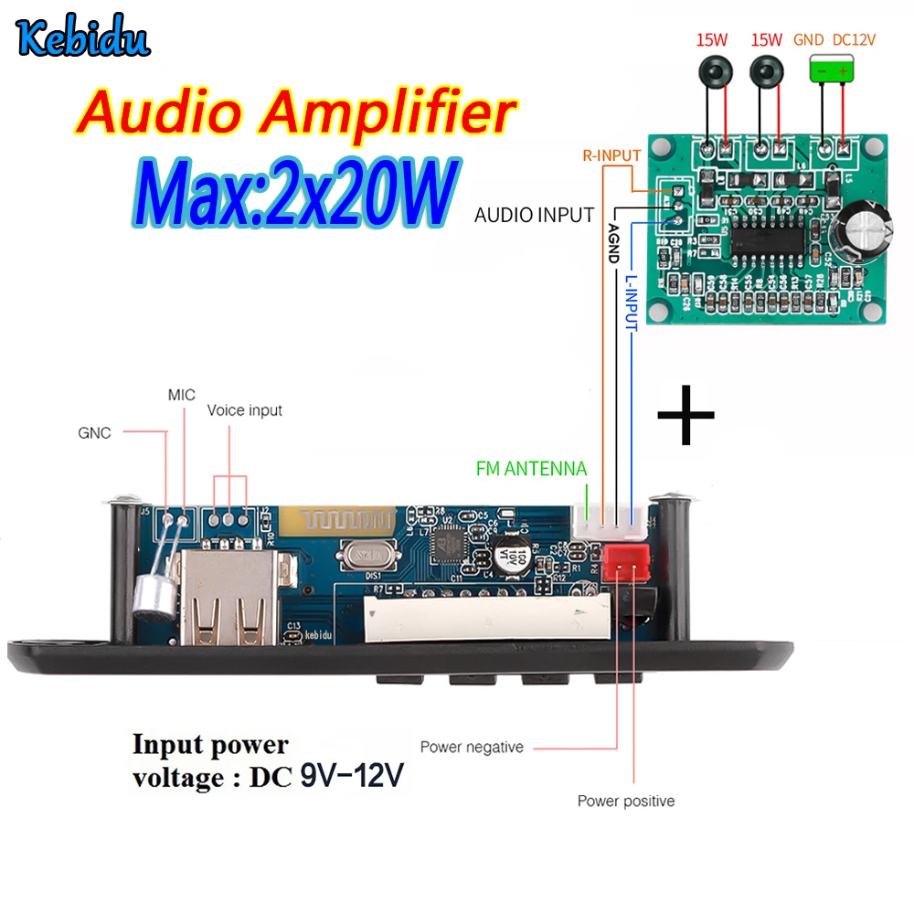 12V MP3 WMA Decoder Board USB AUX 3.5MM Car Bluetooth 5.0 Audio MP3 Player Module TF FM Decoder Board HiFi Stereo 20W Amplifier