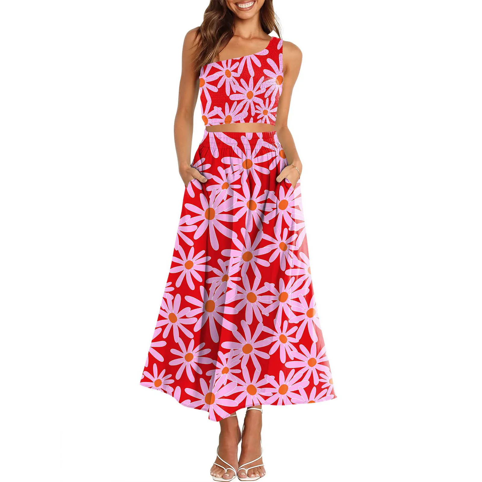 

Женская длинная юбка на одно плечо, повседневная пикантная укороченная кофта с цветочным принтом, высокой талией и карманами, корейская мод...