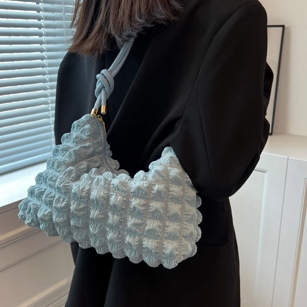 

Candy Color Pleated Women Underarm Bag Canvas Bubble Cloud Bag Simple Ladies Armpit Hand Bag Cute Large Capacity Shoulder Bag