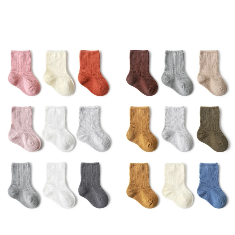 

3Pair Baby Girl Boy Socks Toddler Cotton Winter Clothes Accessories Solid Color Ribbed Infant Sock for Autumn