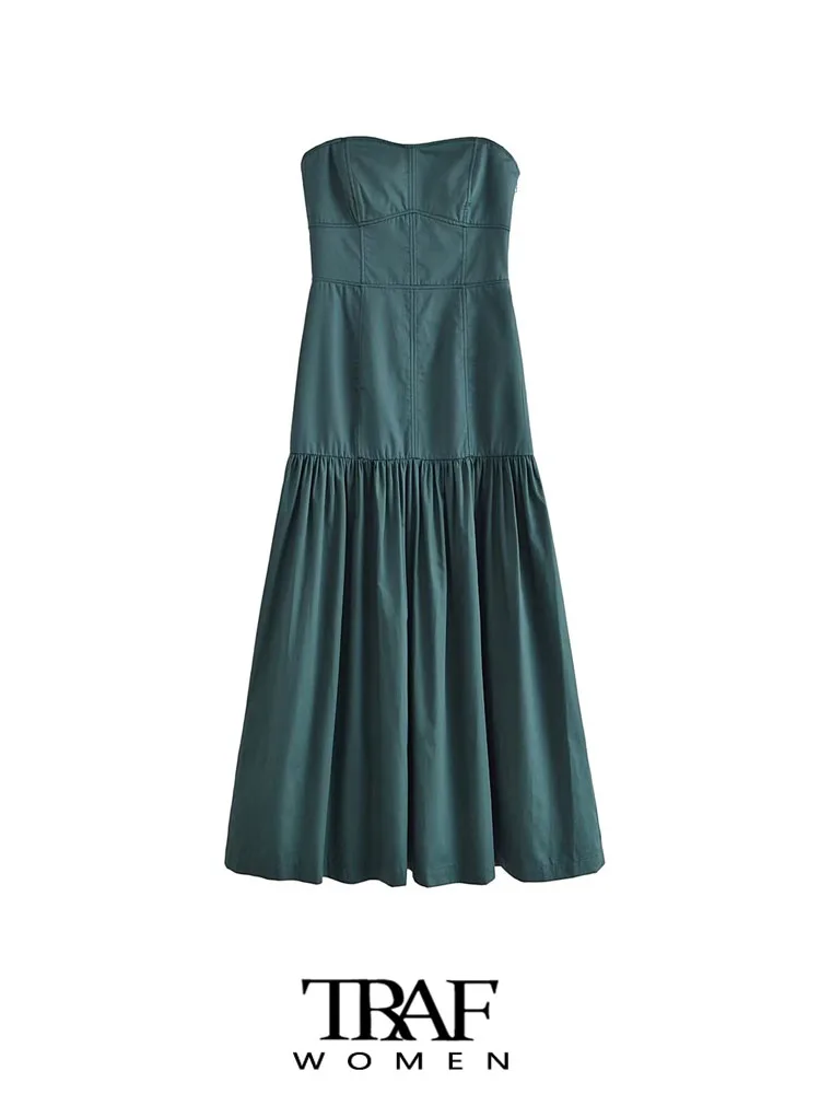 

Платье-миди с вышивкой, без бретелек, с воротником-стойкой