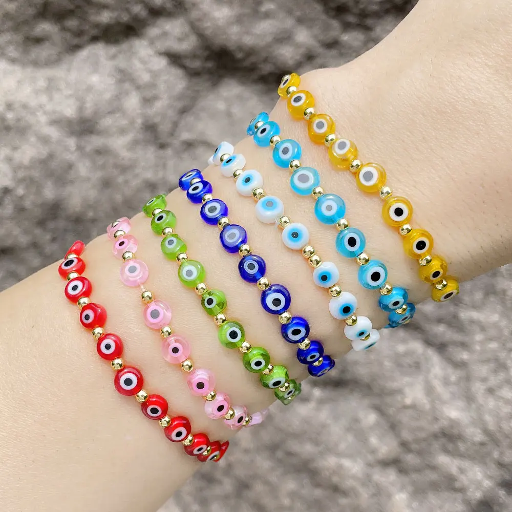 

FLOLA 6MM Colorful Resin Beads Evil Eye Bracelets for Women Copper Gold Beads Elastic Bracelets Lucky Amulet Jewelry brtg95
