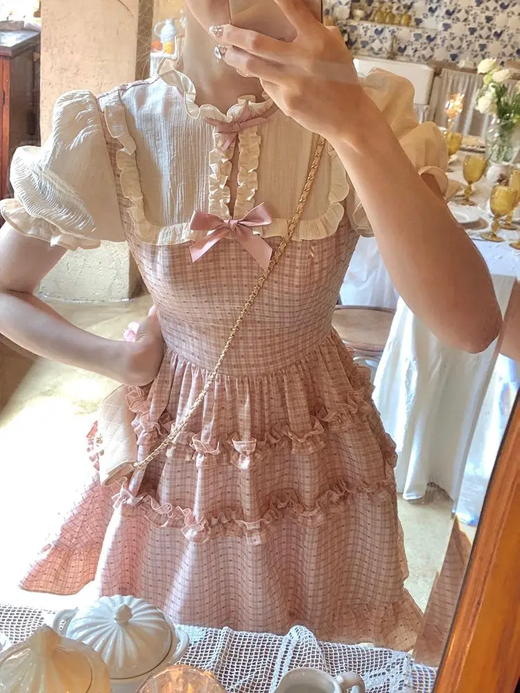 

Винтажное клетчатое платье, женское повседневное облегающее мини-платье с коротким рукавом, Женская милая одежда, цельное платье в Корейском стиле, лето 2023