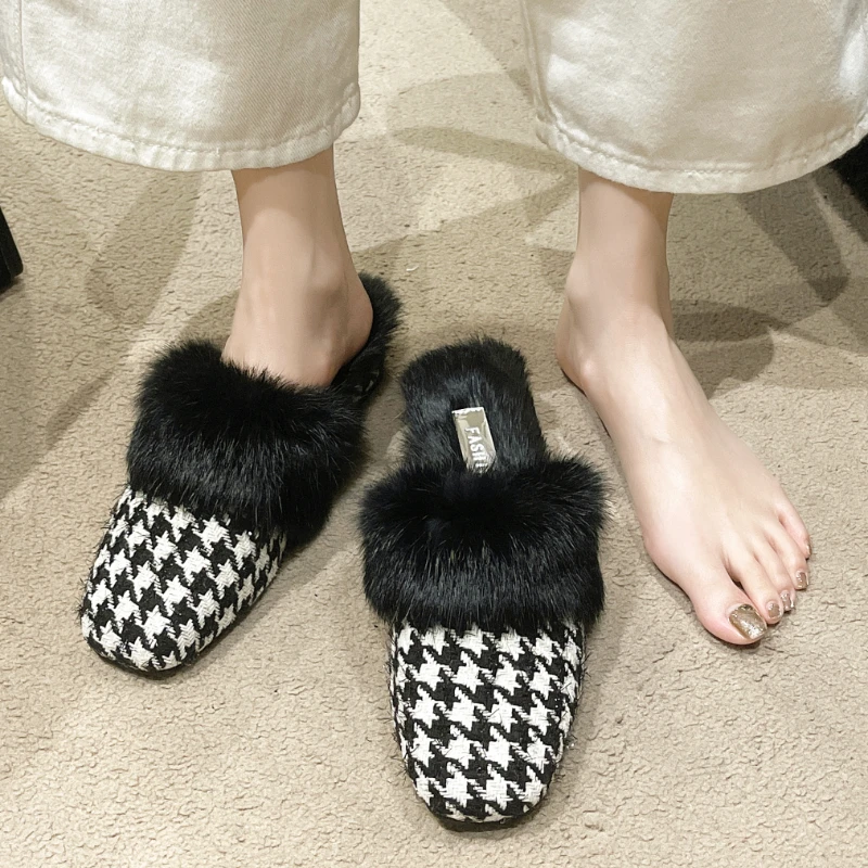 

Women Fur Warm Walking Mules Shoes Mid Heels Chunky Slippers 2024 Winter Brand New Home Square Toe Flip Flops Pumps Mujer Shoes
