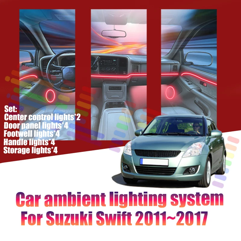 Фото Для Suzuki Swift 2011~2017 AZG MK2: Светодиодные атмосферные лампы, цветная подсветка салона, неоновая лента, 64 RGB-цвета №4