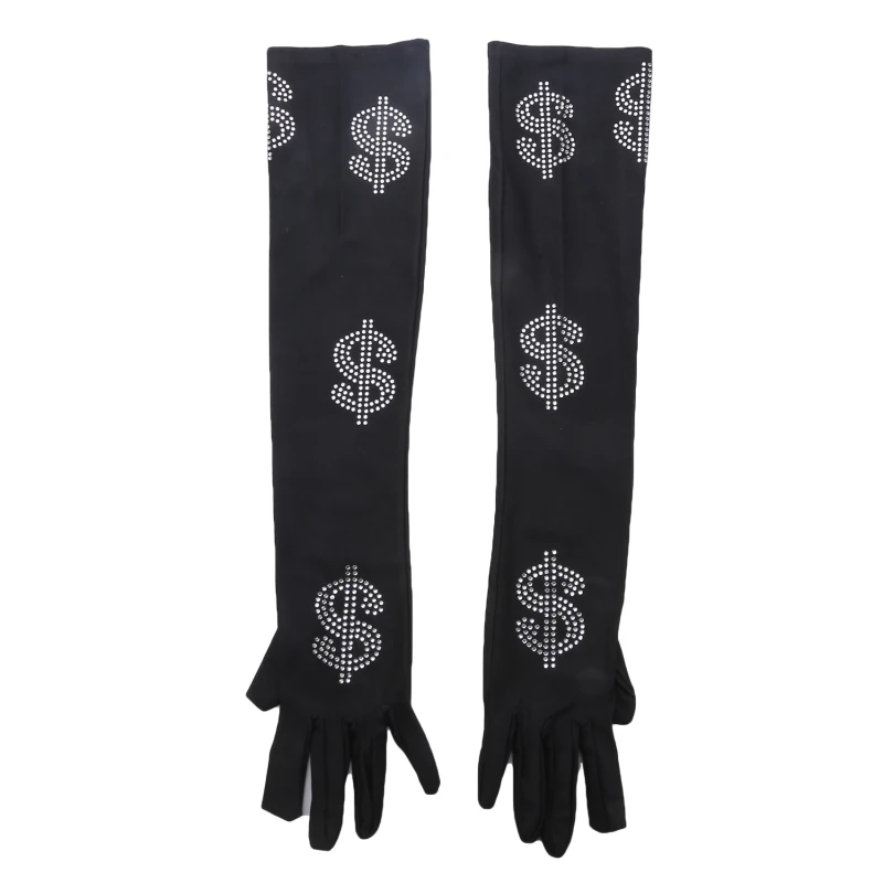 

Us Dollar Diamond Design Gloves Women Stage Performance Black White Rhinestones Long Mittens Sun-Proof Wedding Dancing Gloves
