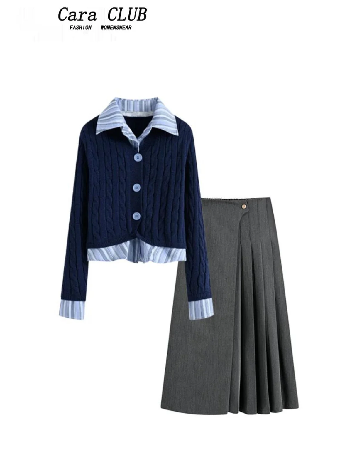 Plus Size Cara Club Plus size High Sense Set Women Autumn and Winter Fat Sister mm Long sleeve Knit Skirt Two-piece