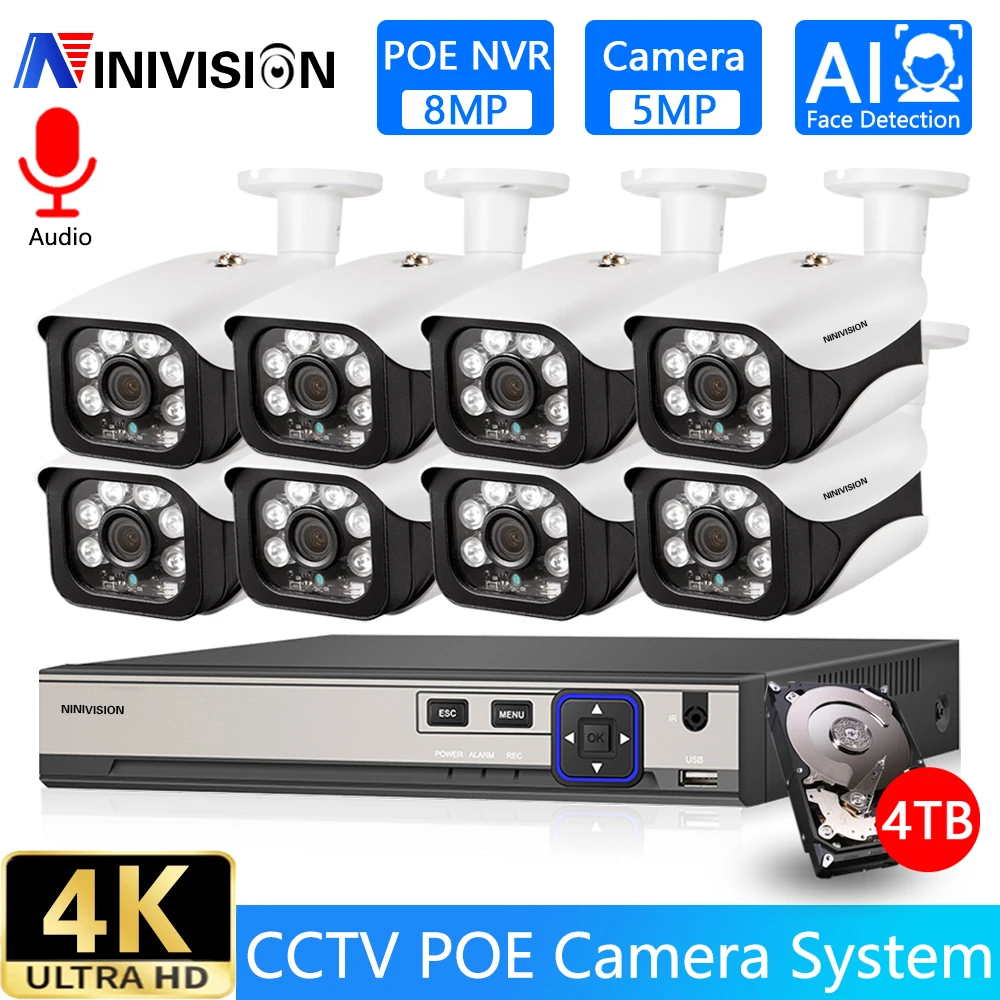 

H.265 8CH 4K POE Security Surveillance Camera System Kit 5MP 2MP AI Face Detection Audio Record IP Camera CCTV Video NVR Set