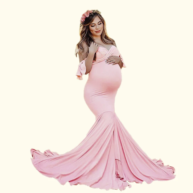 Baby Shower Dress for Women Pregnant   Maternity Gown  Photo Shoot Ruffles Cross V-Neck Fishtail Skirt Mercerized Cotton enlarge