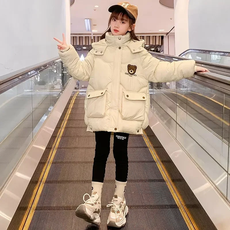 

Children's Mid-Length down Cotton-Padded Coat 2023 New Girls Winter Medium and Big Children Thickened Hooded Cartoon Coat