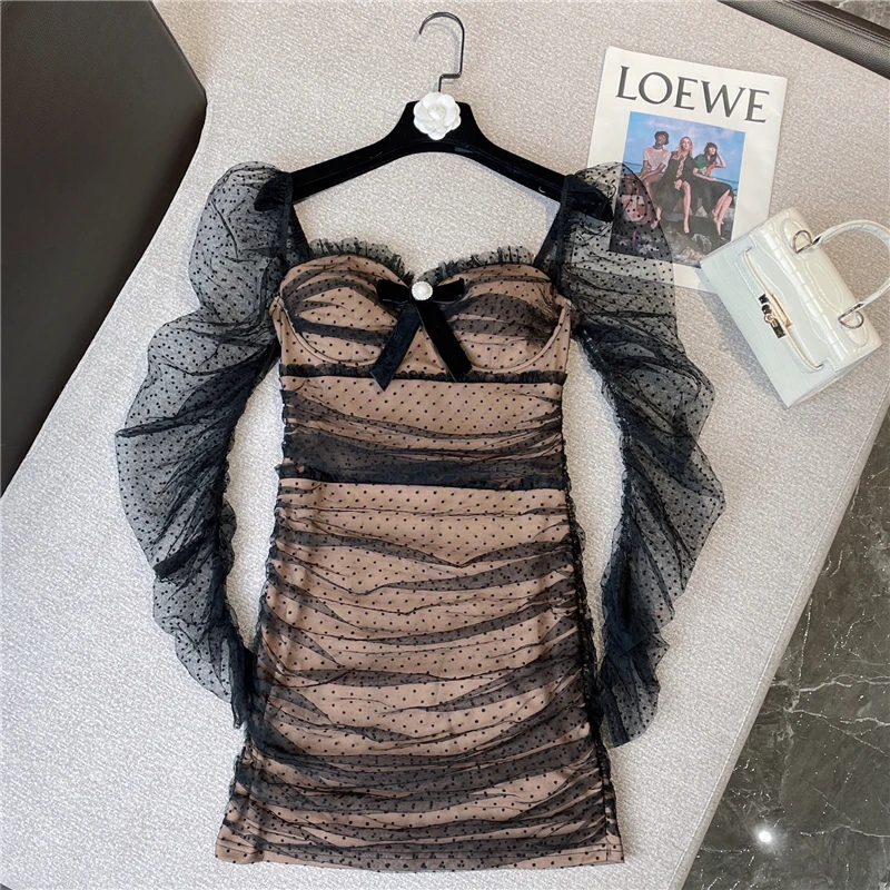 

2021 Winter Clothing New Fashion Sexy Lace Polka Dot Mesh Sleeves Dress High-end Elegant Pleated Slim Short Dress Feminine
