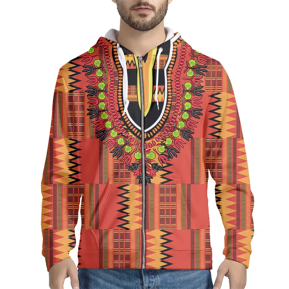 

Mens Zip Hoodie African Kente Printing Soft Breathable Hooded Sweatshirt for Teenager Autumn Casual Long Sleeve Pullover Coat