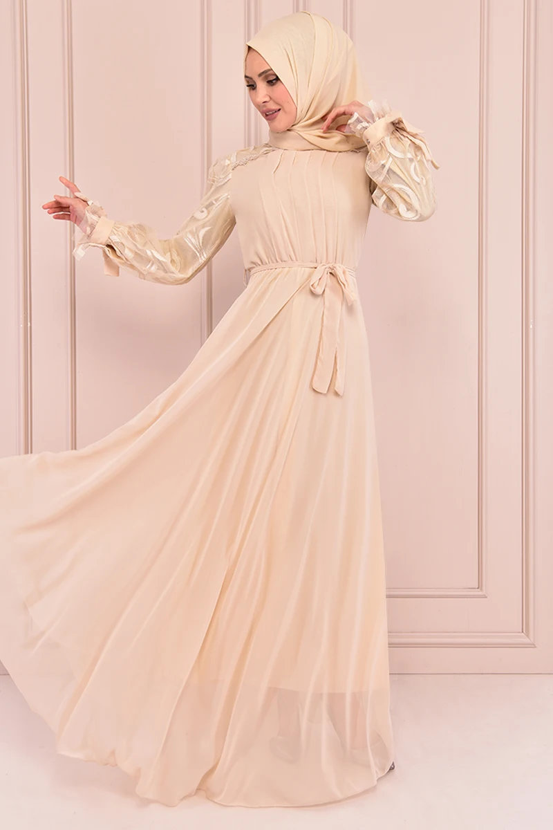 Кружевное шифоновое платье кремового цвета с поясом, ev14846