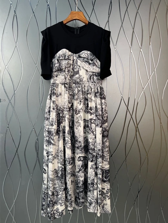 

2022 new women fashion short-sleeved round neck stitching contrast color ink print slim long skirt temperament dress 421