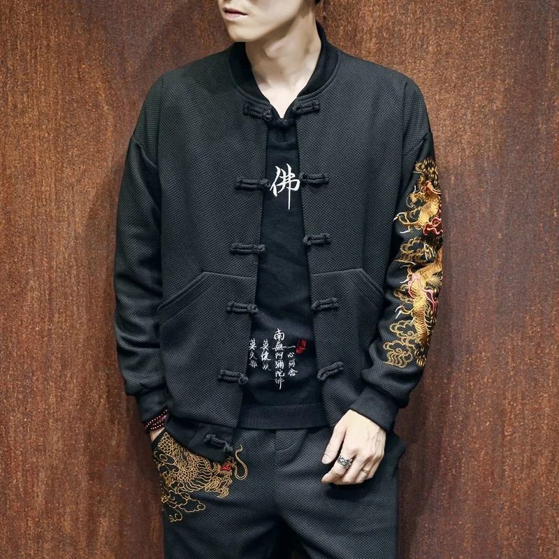

Chinese Style Dragon Embroidery Jacket Men 2022 New Modern Improve Casual Loose Ethnic Harajuku Vintage Black Tang Suit Coat 5XL