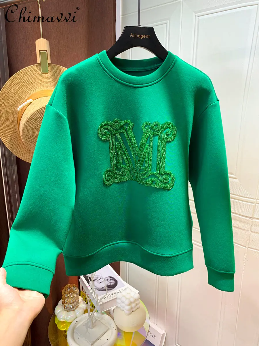 European Sweatshirt Spring Autumn New Fashion Letter Embroidery Pullover Hoodies Women Casual Green Space Cotton Tops Clothes