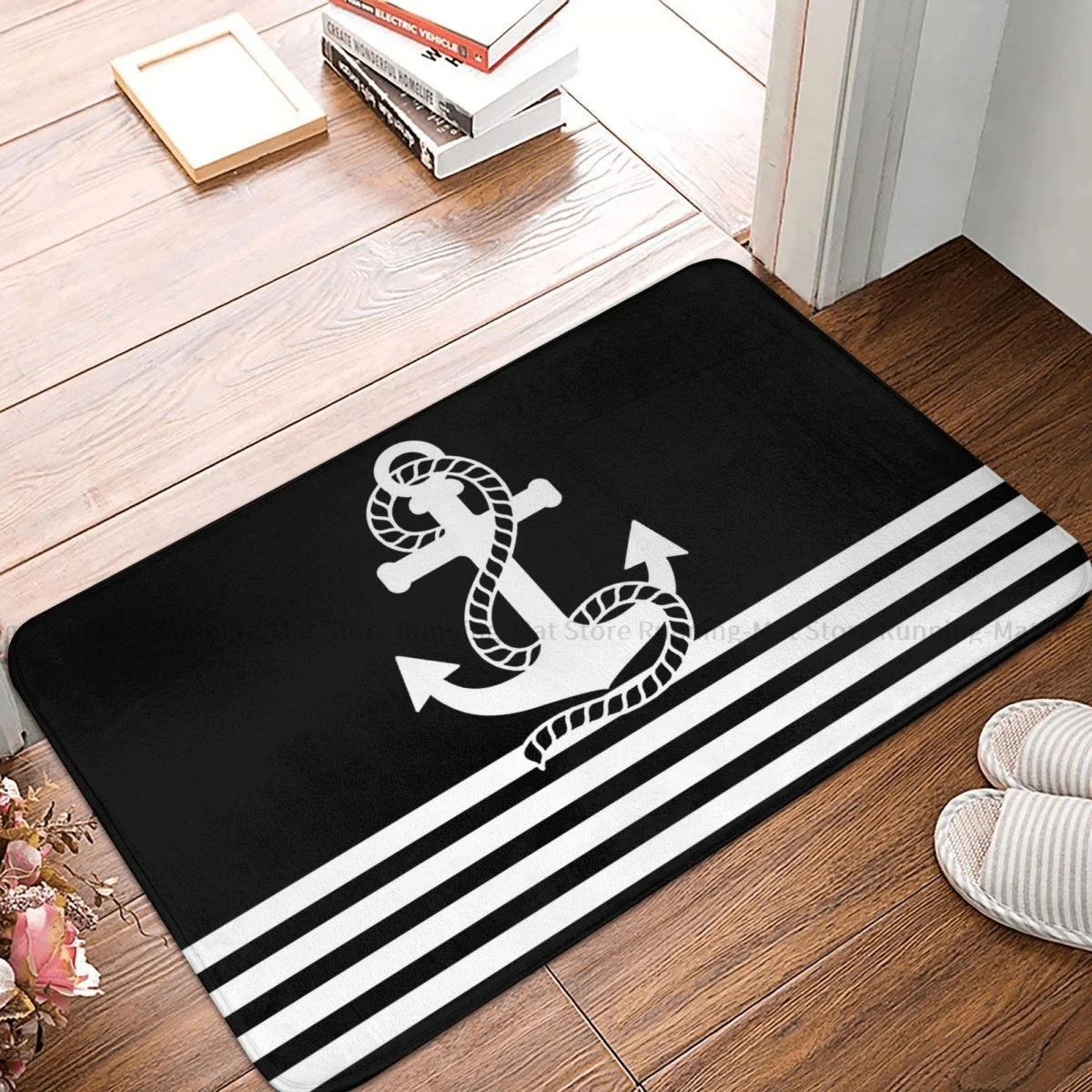 

Anchor Kitchen Non-Slip Carpet Nautical Black Stripes Living Room Mat Welcome Doormat Floor Decor Rug