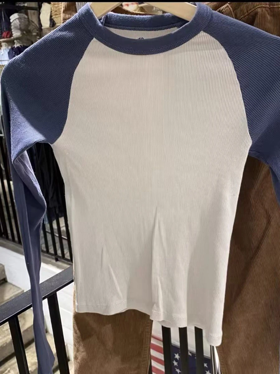 Винтажная лоскутная футболка в рубчик женская весенняя повседневная с круглым