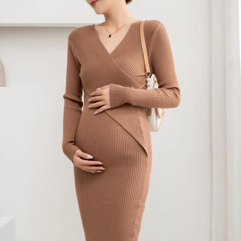 

Осенне-зимнее модное трикотажное платье в стиле пэчворк для беременных элегантная облегающая трапециевидная Одежда для беременных