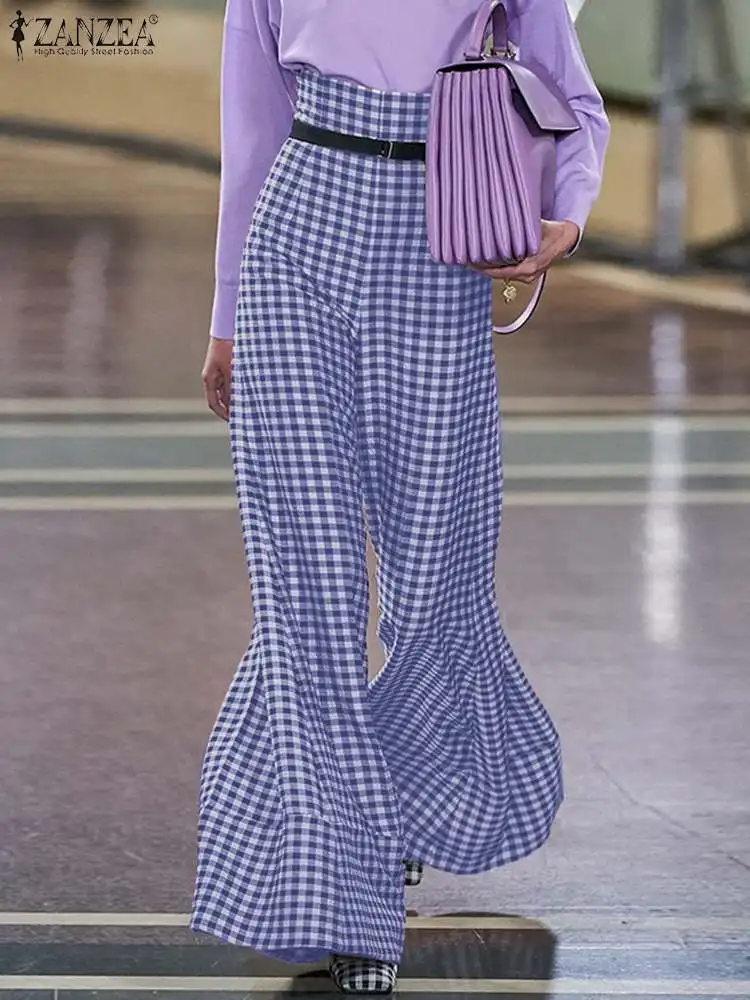 

Elegant OL Ladies Pants Women Spring Trousers 2022 ZANZEA Casual Printed Checked Wide Leg Palazzo Long Pantalon Turnip Oversized