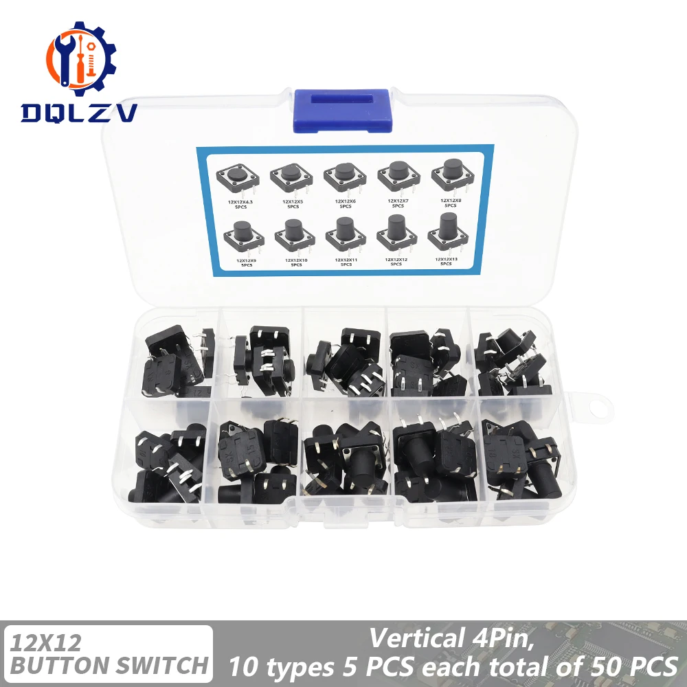 

Тактовый переключатель DIP 12x12x4,3 мм, Тактильный кнопочный переключатель, комплект, высота: 5 6 7 8 ~ 13 мм SMD 4P, микропереключатель, 12*12*5, кнопочный переключатель, 50 шт.