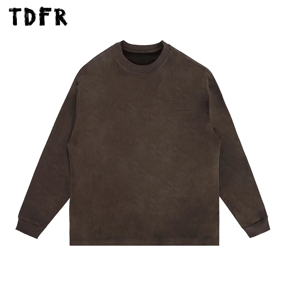 

Letter Embroidery Long Sleeve T-shirt Thick Mens Autumn Winter Casual Loose Crew Neck Suede T-shirt Men
