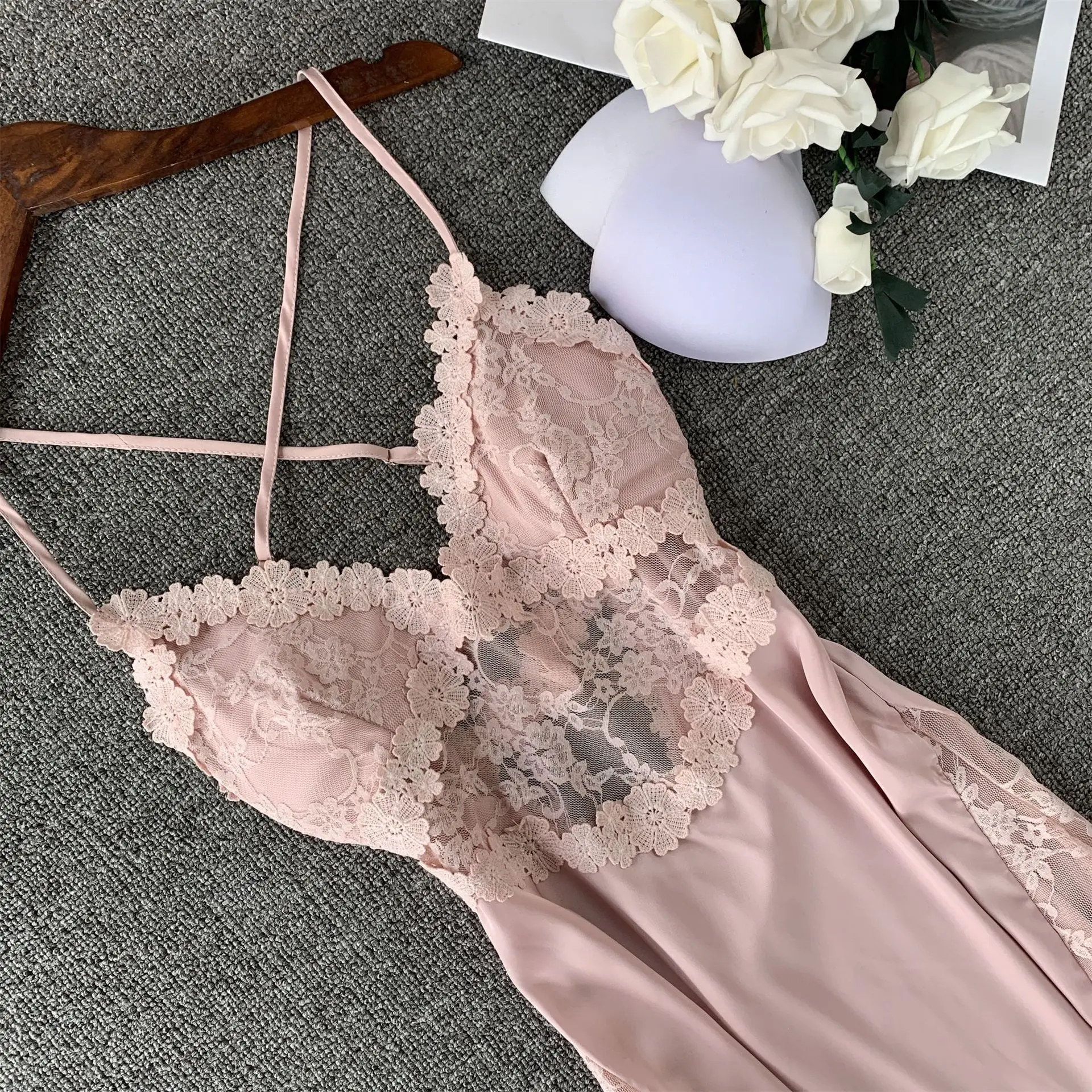 Spring and summer sexy pajamas cross beautiful back nightdress silk suspenders temptation lace pajamas mesh through