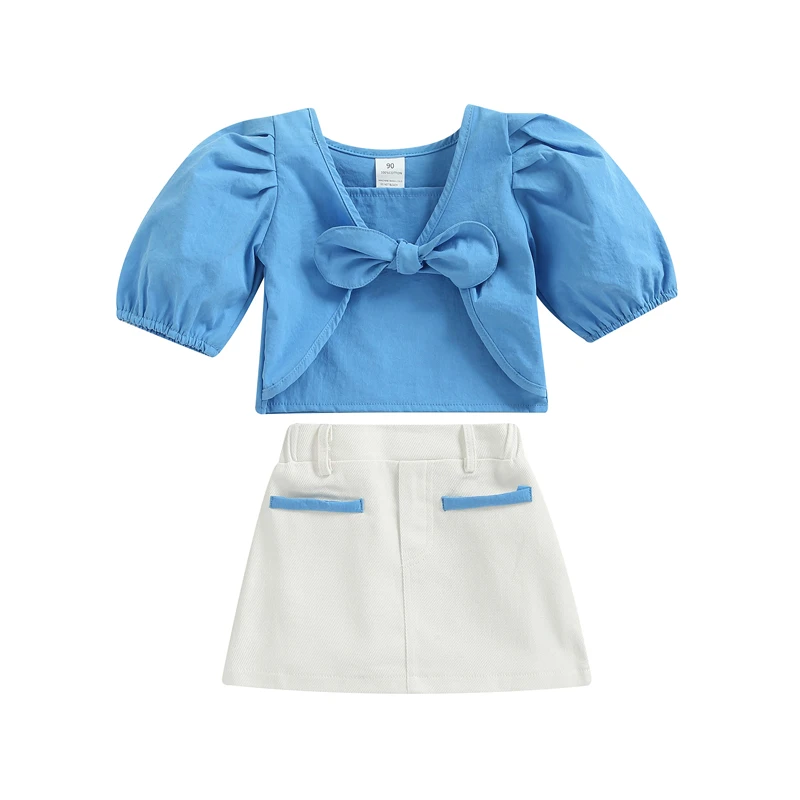 

Bmnmsl Kids Girl Summer Casual Clothes Solid Color Short Sleeve Bow Knot T-shirt Tops and A-line Skirt Set Outfits