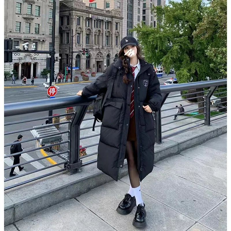 2022 Winter Knee Length Parkas for Women Korean Drama Girl Student Black Big Pocket Long Straight Hooded Coats Thickened Outwear