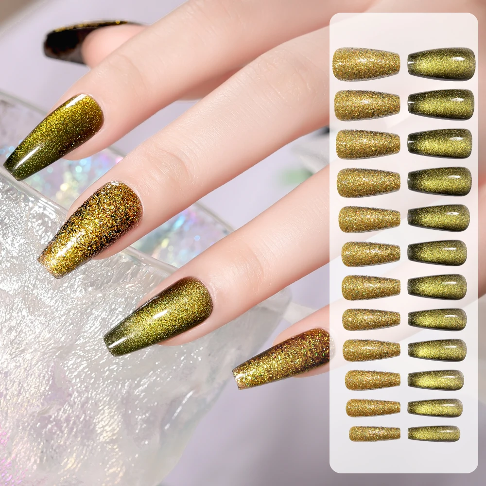 

24PCS Long False Nail Gold Glitter Lasting Fingernail Sticker for Women Fake Nails for Woman False Nails with Designs WH998
