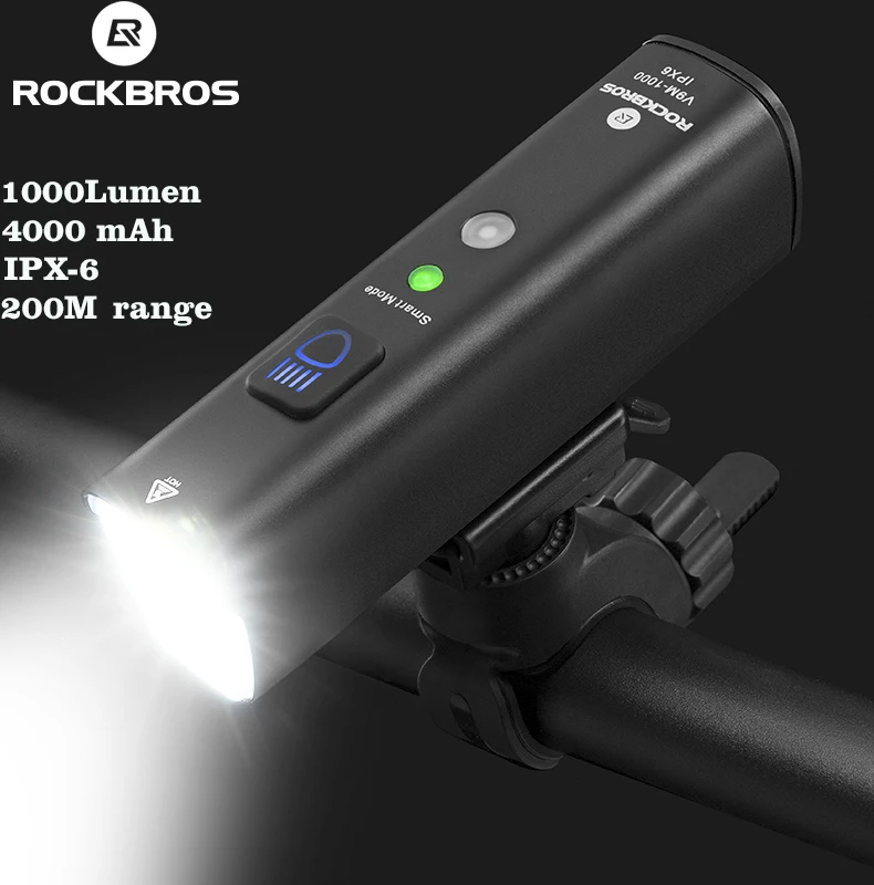 

New Rockbros New Light 1000Lu Smart Vibration Sensing Aluminum Alloy Lamp 4000 mAh 5Modes Flashlight Cycling Accessories