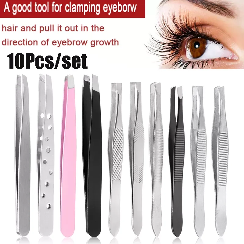 

10Pcs Eyebrow Tweezers Stainless Steel Hair Pluckers Clip Eyebrow Trimmer Eyelash Extension Clip Women Makeup Beauty Tools Gifts
