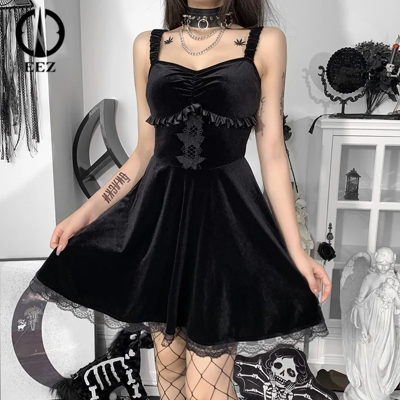 

Lace Trim Velvet Ruffles Dresses Women's E-girl V-Neck Sleeveless Backless A-line Dress Gothic Punk Aesthetics Style Outfits Y2K
