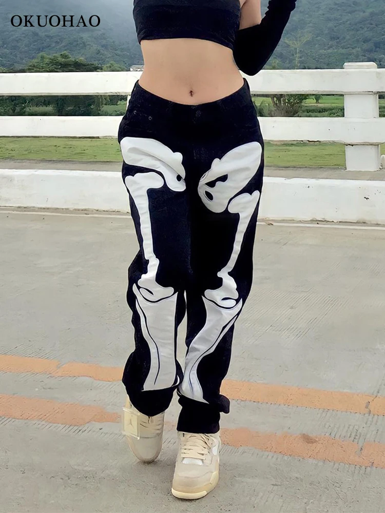 

Women Jeans Vintage Skull Print Baggy Straight Denim Trousers Y2k High Waist Loose Casual Long Pants Female Clothing Streetwear