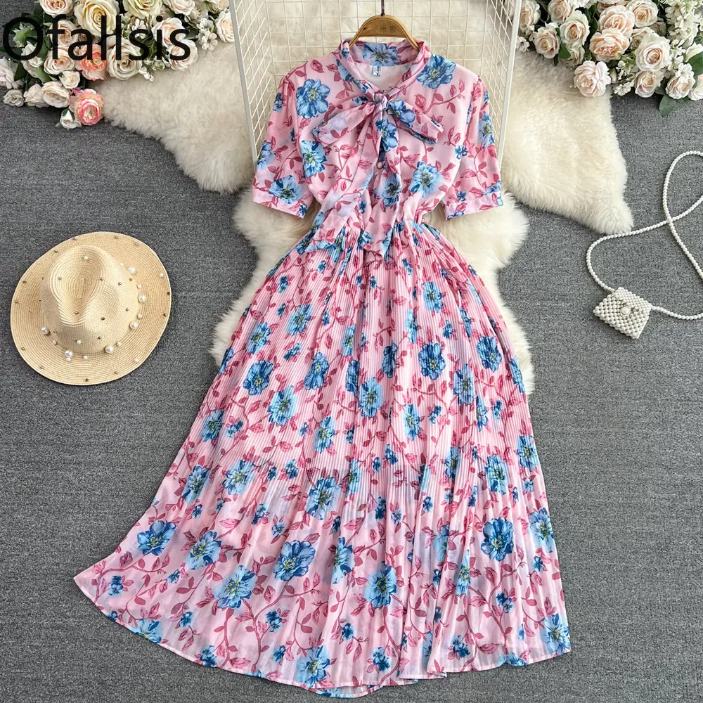 

Ofallsis French Sweet Short Sleeve Bow Tie Up Waist Slim Dress 2023 Summer New Floral Printed Pleated Fragmented Flower Dresses
