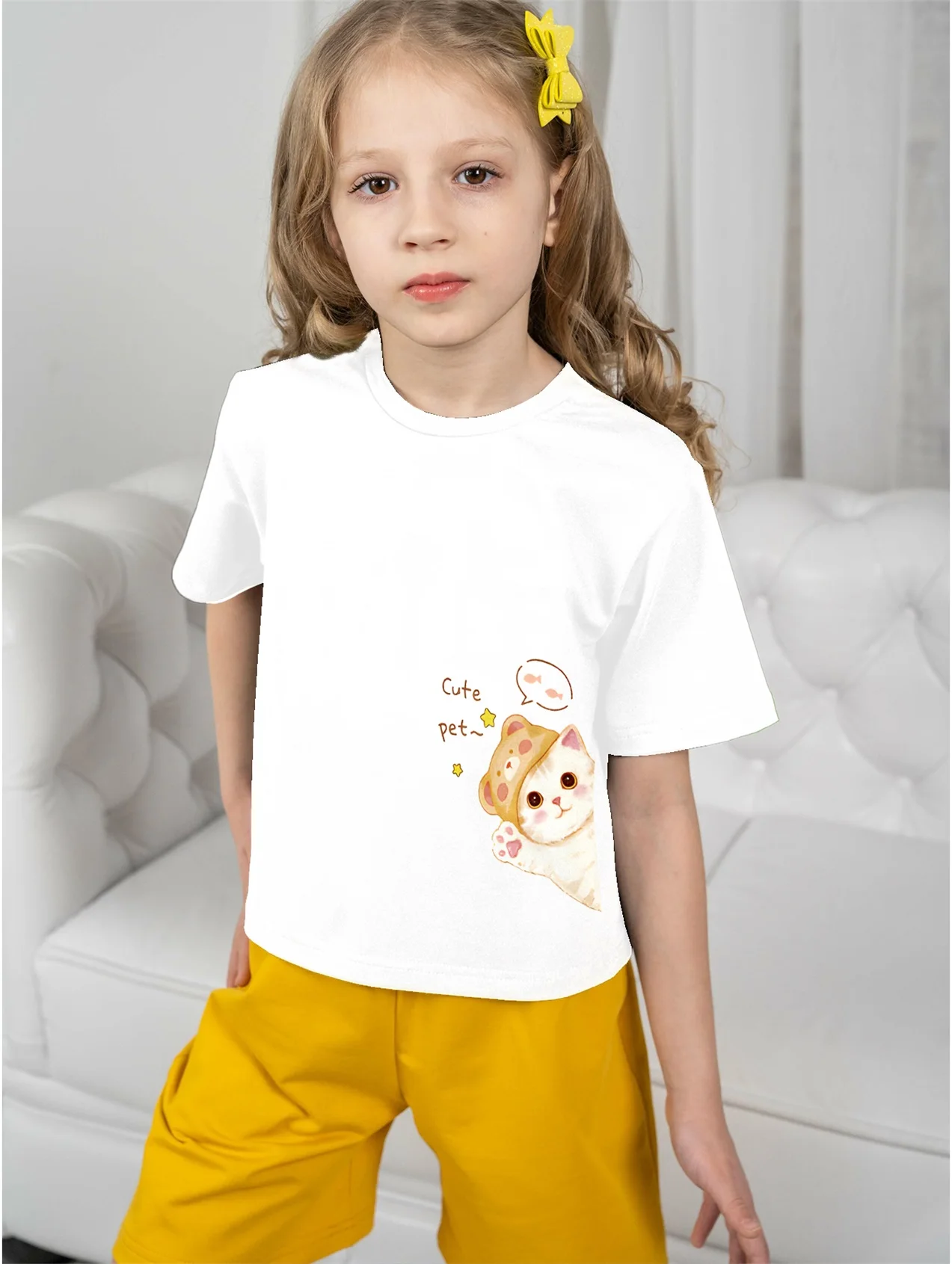 Футболка детская с принтом кошки на возраст 5-14 лет
