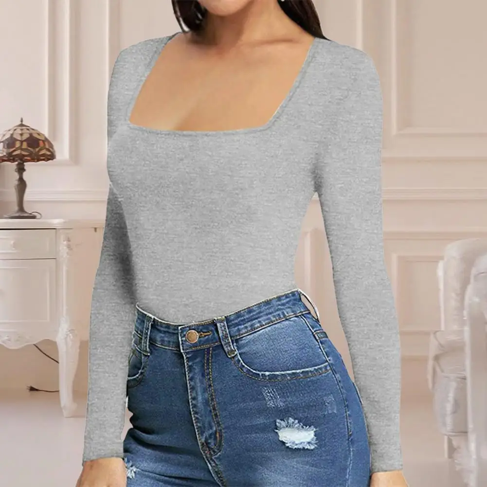 

Женское боди однотонное дышащее мягкое комбинезон с квадратным вырезом и длинными рукавами подходящие к брюкам облегающий тянущийся весенний комбинезон Женская одежда