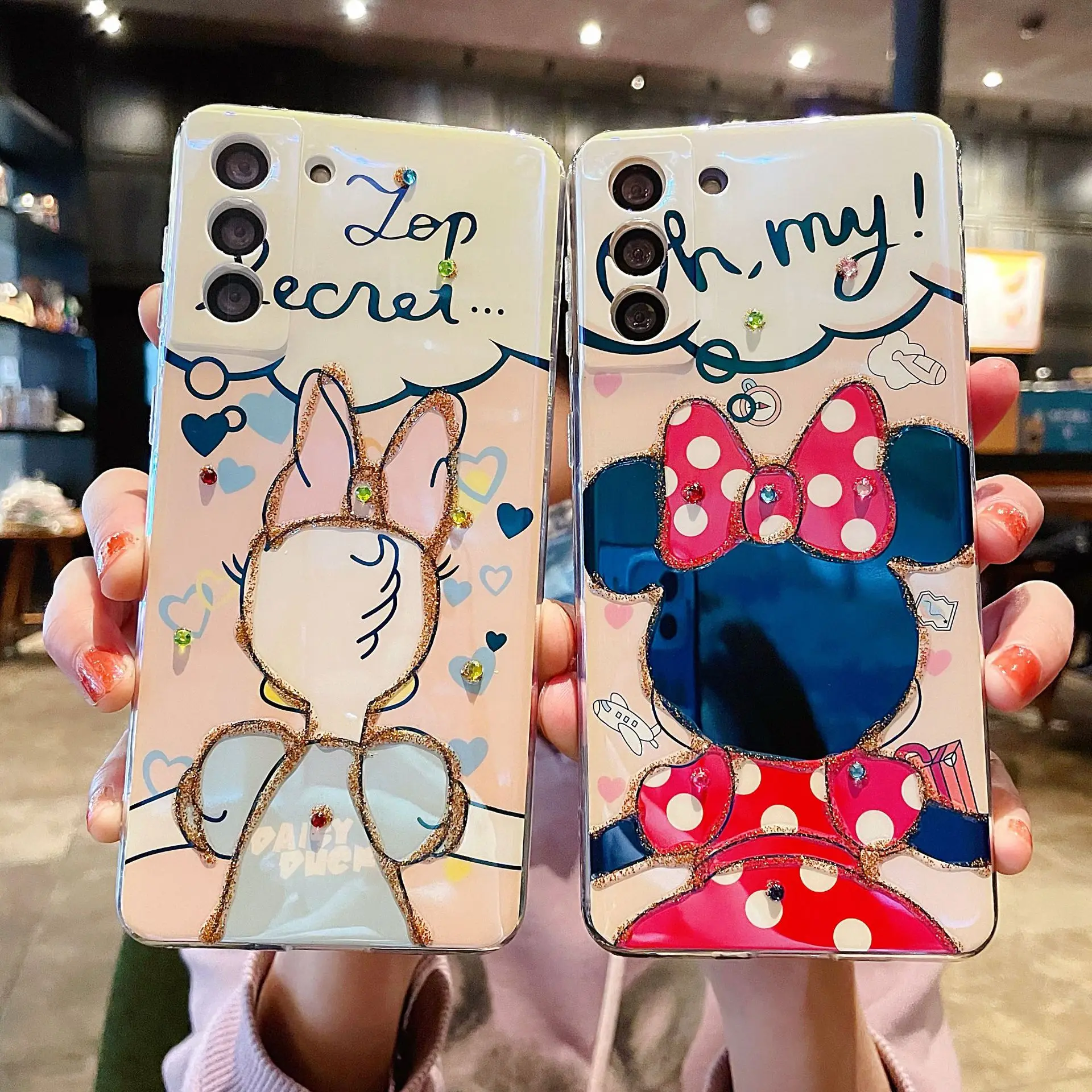 

Disney Minnie Daisy Duck Blu-ray Point Drill Ray Phone Case For Samsung S10 S20 S21 Ulta Note 20 Cartoon Glossy Protective Cover