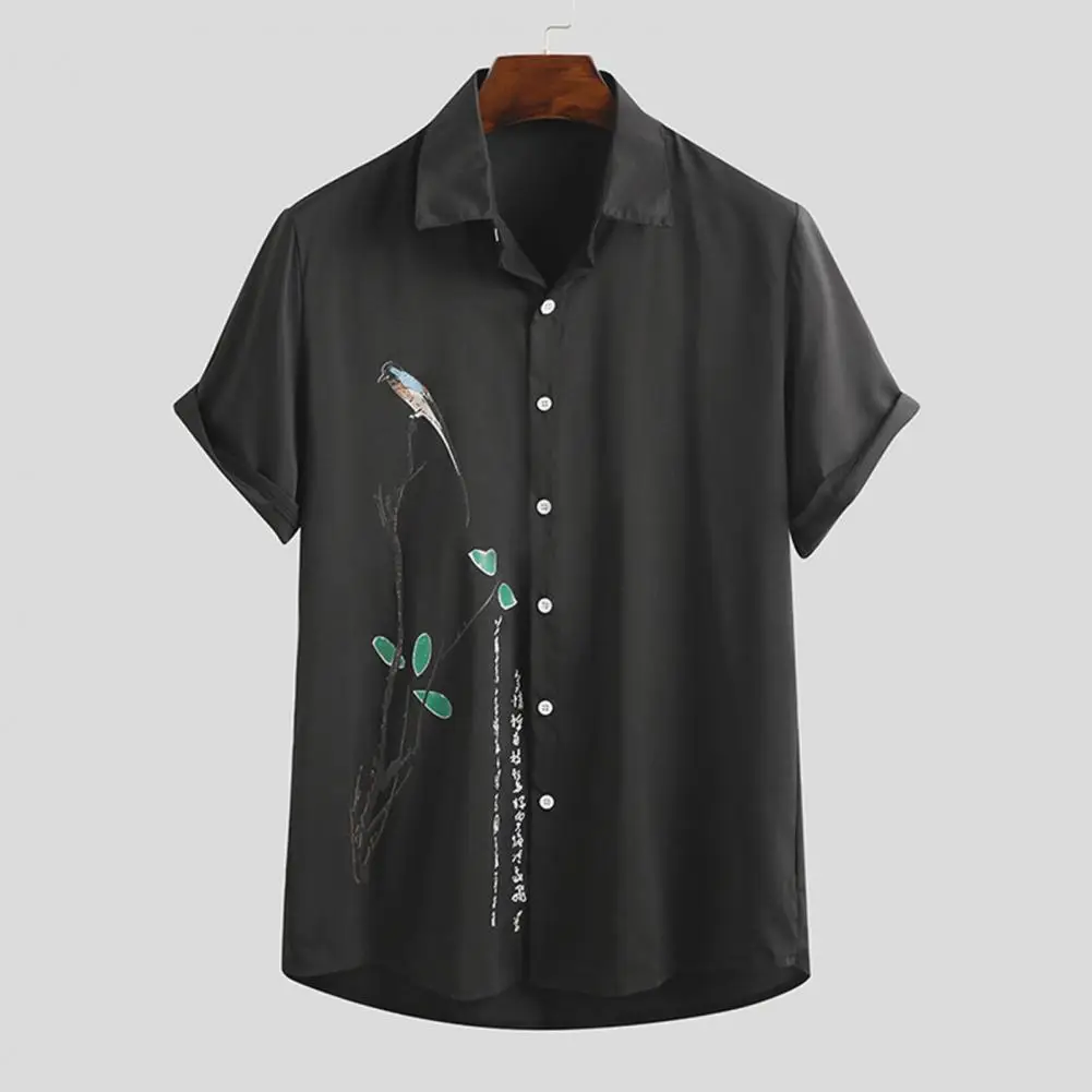 

Men Casual Shirt Short Sleeves Turn-down Collar Ink Painting Ethnic Style Single-breasted Summer Vintage Blouse