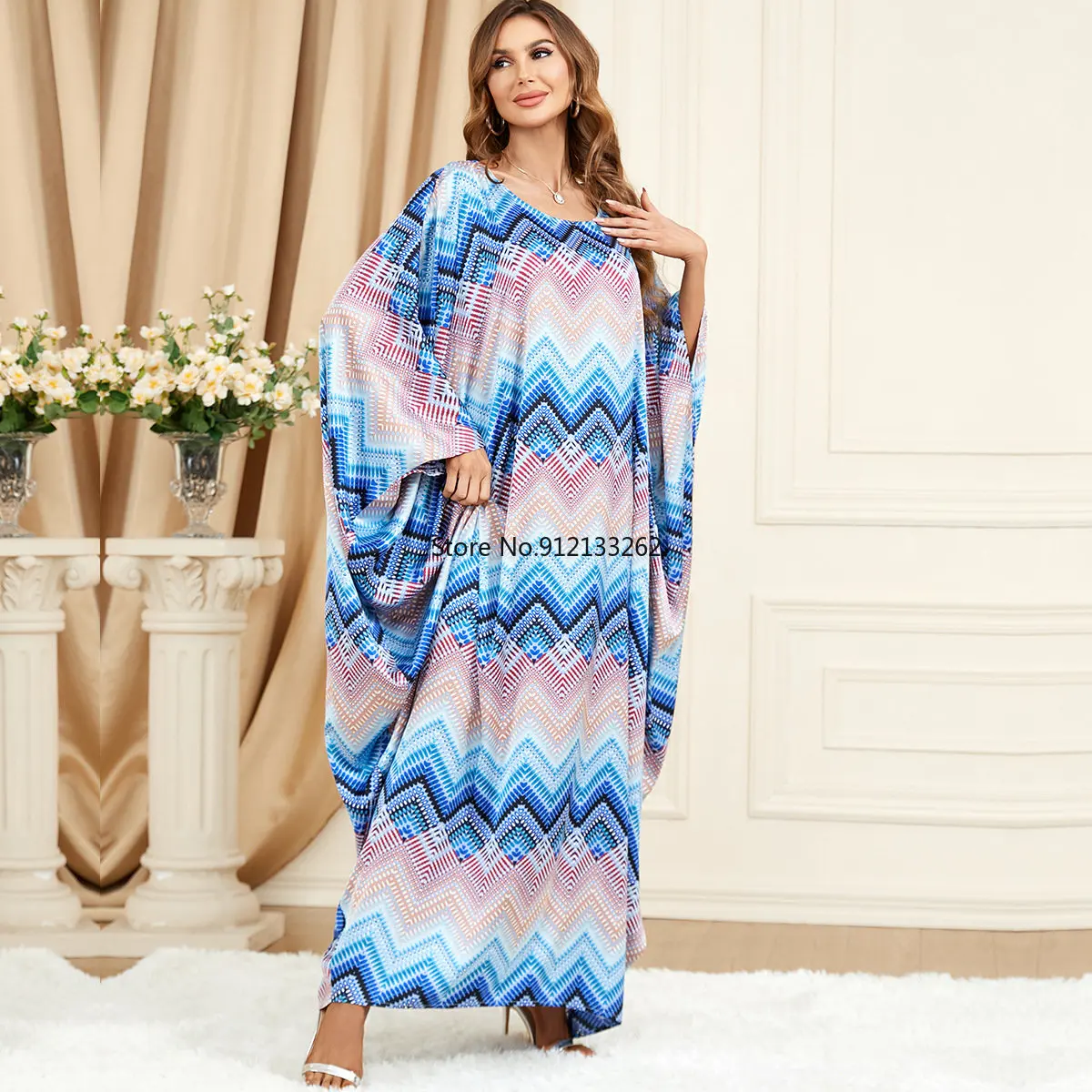 Maxi Dresses for Women 2023 Summer Fashion Style Blue Muslim Women Long Sleeve O-neck Polyester Long Abaya Muslim Dresses
