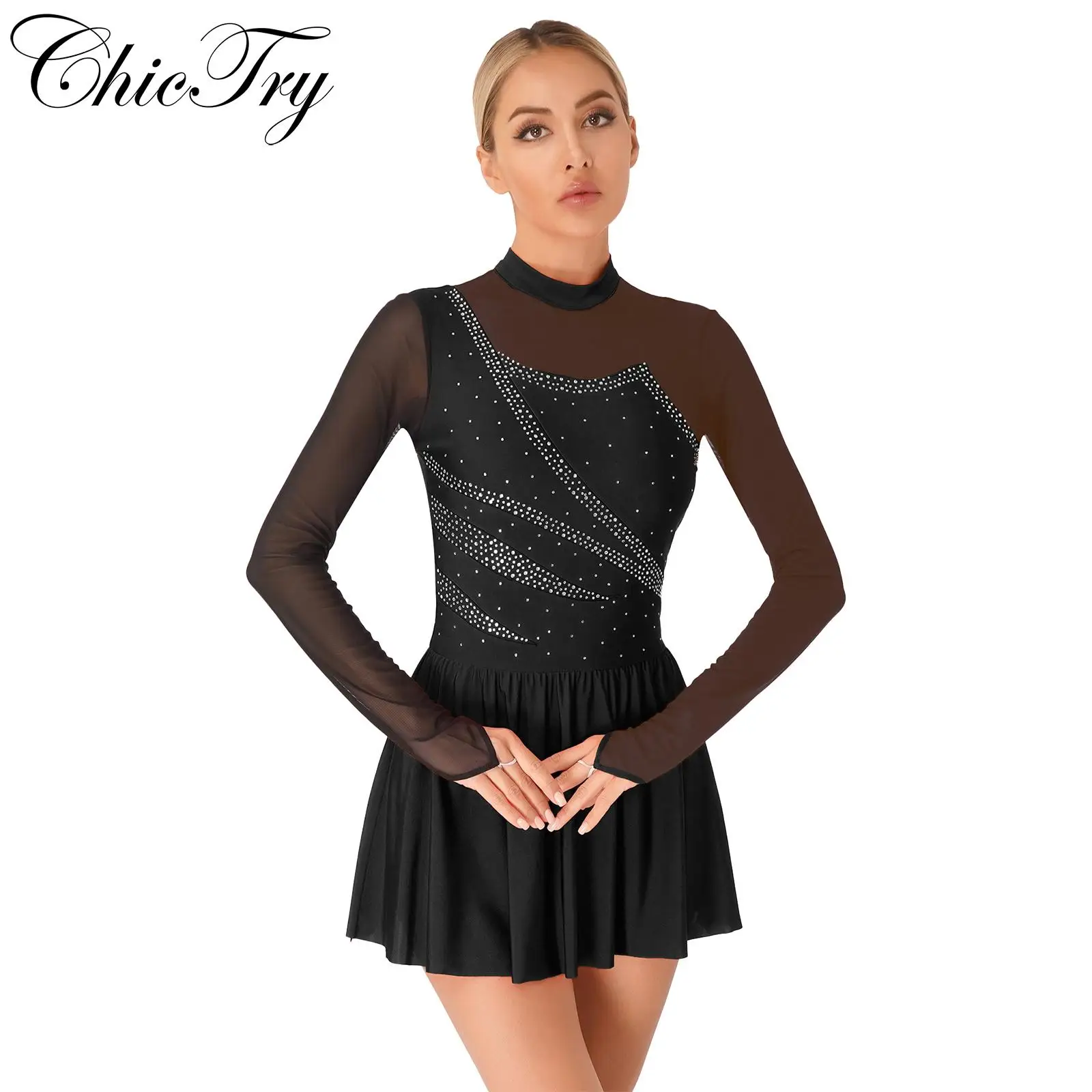 

Womens Ballet Gymnastics Leotard Dress Long Sleeve Rhinestones Sheer Mesh Cutout Back Stage Performance Ballerina Dance Costume