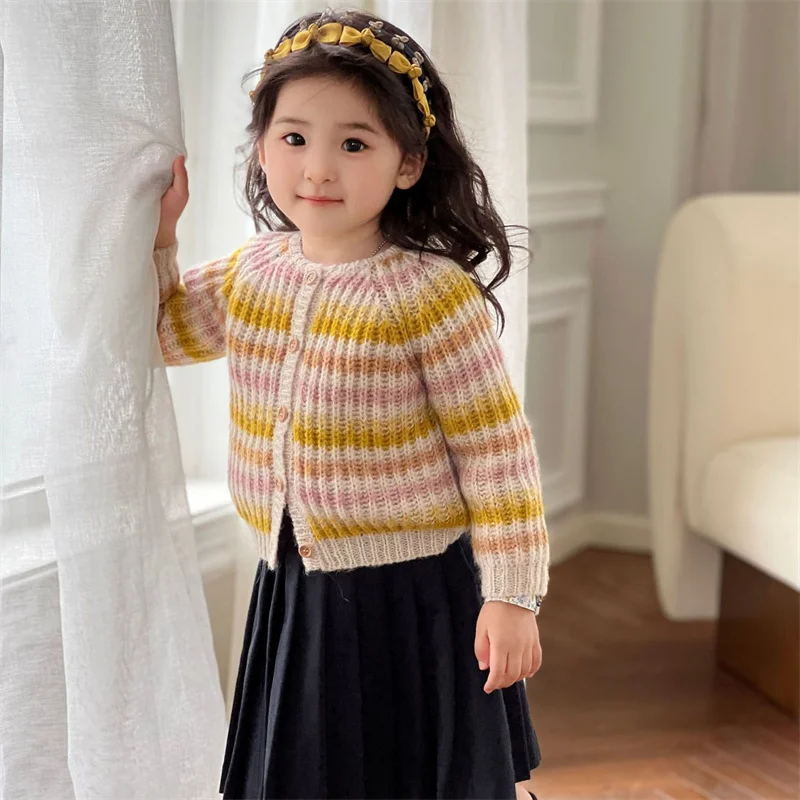 

Радужные вязаные шерстяные пальто для маленьких девочек EnkeliBB, Детские осенне-зимние кардиганы