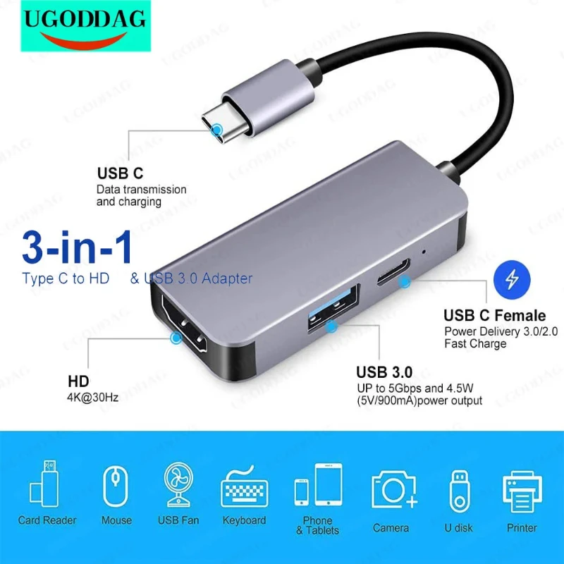 Концентратор USB C типа HDMI-совместимый адаптер 4k HDTV 3.0 PD Быстрая зарядка для