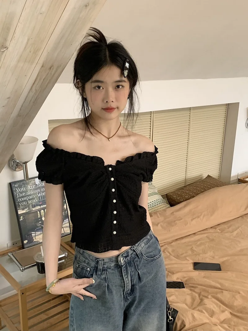 Французские винтажные кружевные рубашки Korobov приталенные блузки с летящим