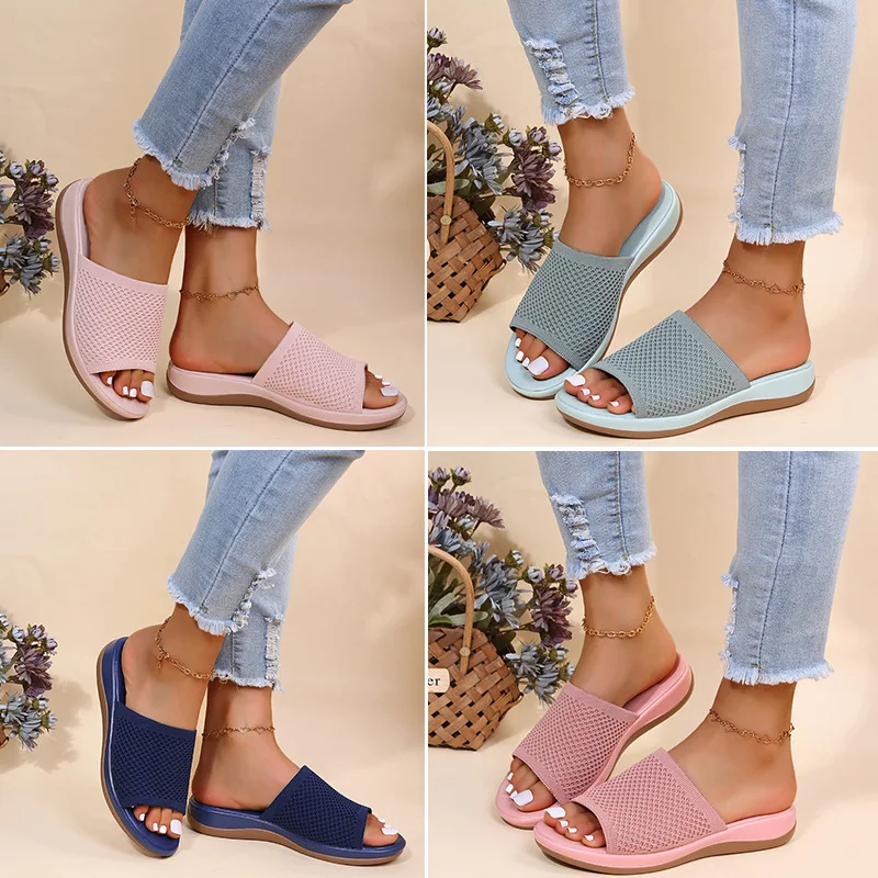 

2022 New Women Slipper Shoes Mesh Fabric Breathable Sandals Shoes Woman Solid Color Soft Sandals Ladies Slip on Women's Footwear