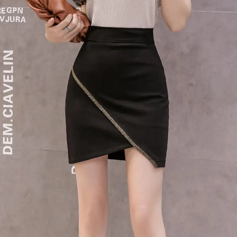 Black Half length Women's Summer Fashion  Slim High Waist Hip Wrap Skirt Anti slip Short Skirt Irregular Step Skirt