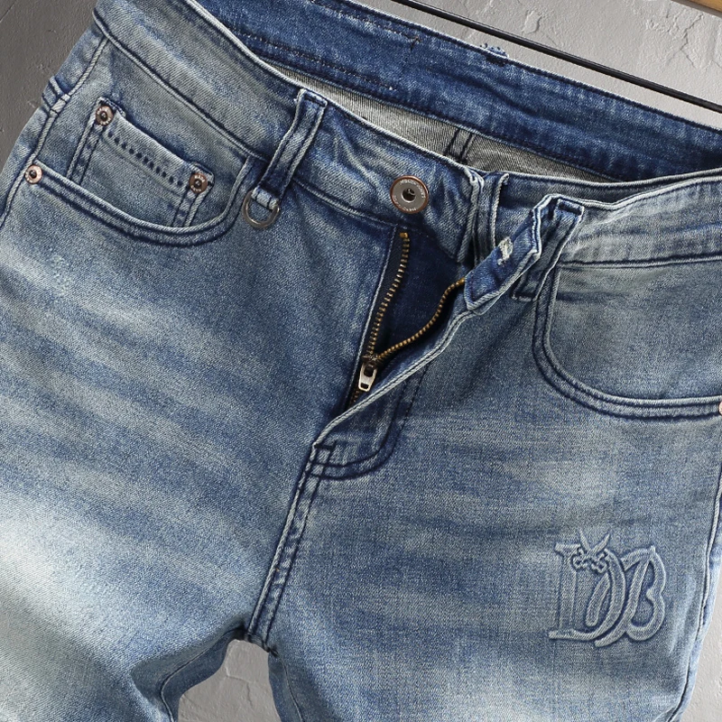 Summer Vintage Fashion Men Jeans Retro Washed Blue Elastic Embossed Designer Short Jeans Homme Street Hip Hop Denim Shorts Men