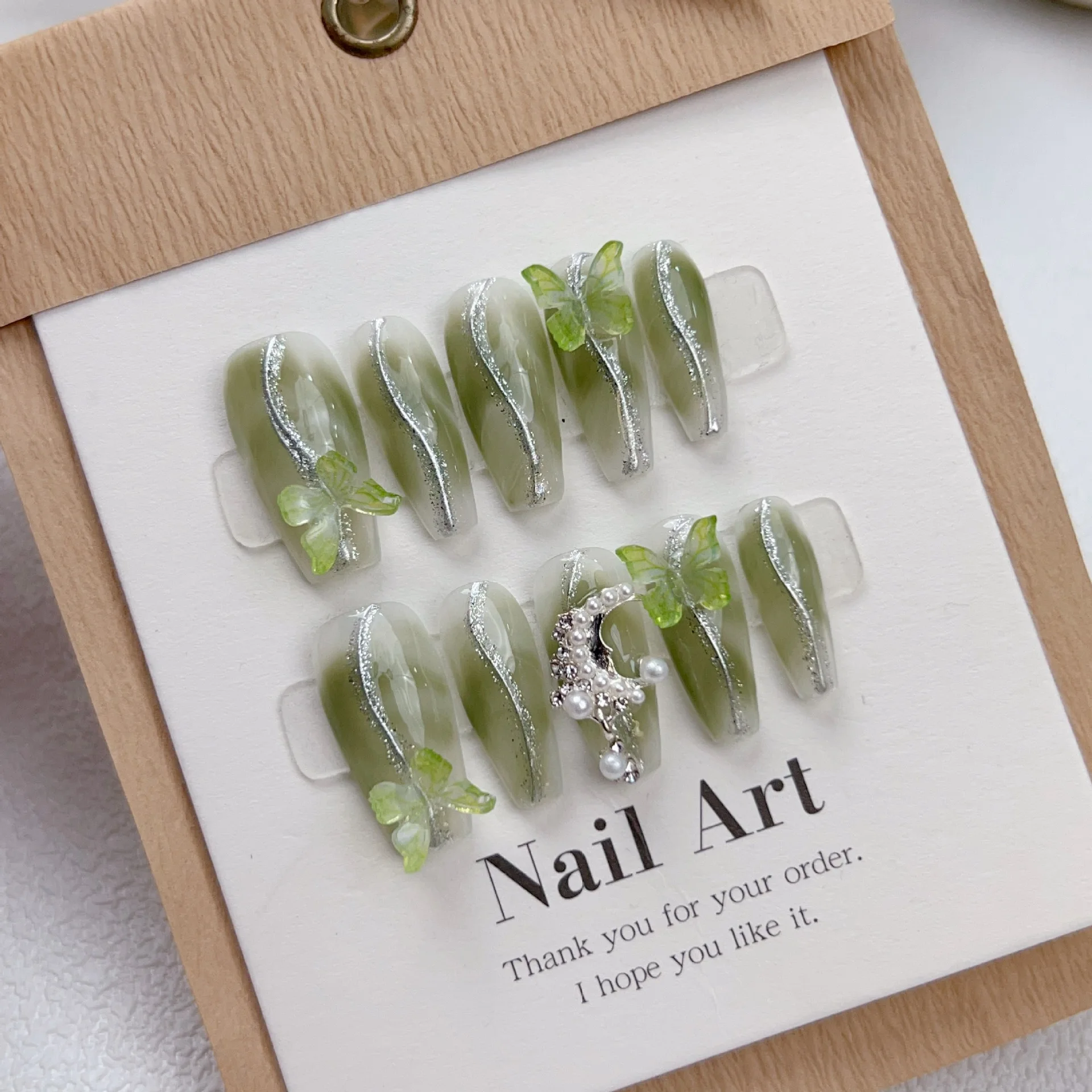 

Green forest Handmade Press on Nails With 3D Butterfly Ballerina Professional Wearable Fake Nails For Girl Advanced Nail Art